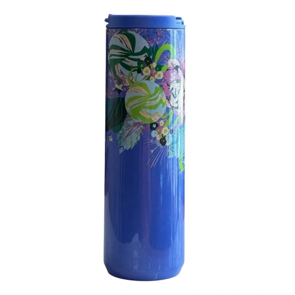 Starbucks Exclusive 2023 Holiday Blue Floral Wreath Plastic Water Bottle 20 oz